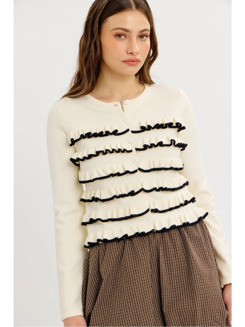 NWT Cream Ruffle Button-Front Cardigan with Black Trim